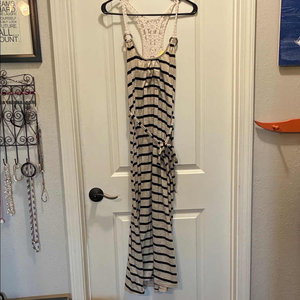 Striped Papaya Black and Cream Maxi Dress with lace fits like a small